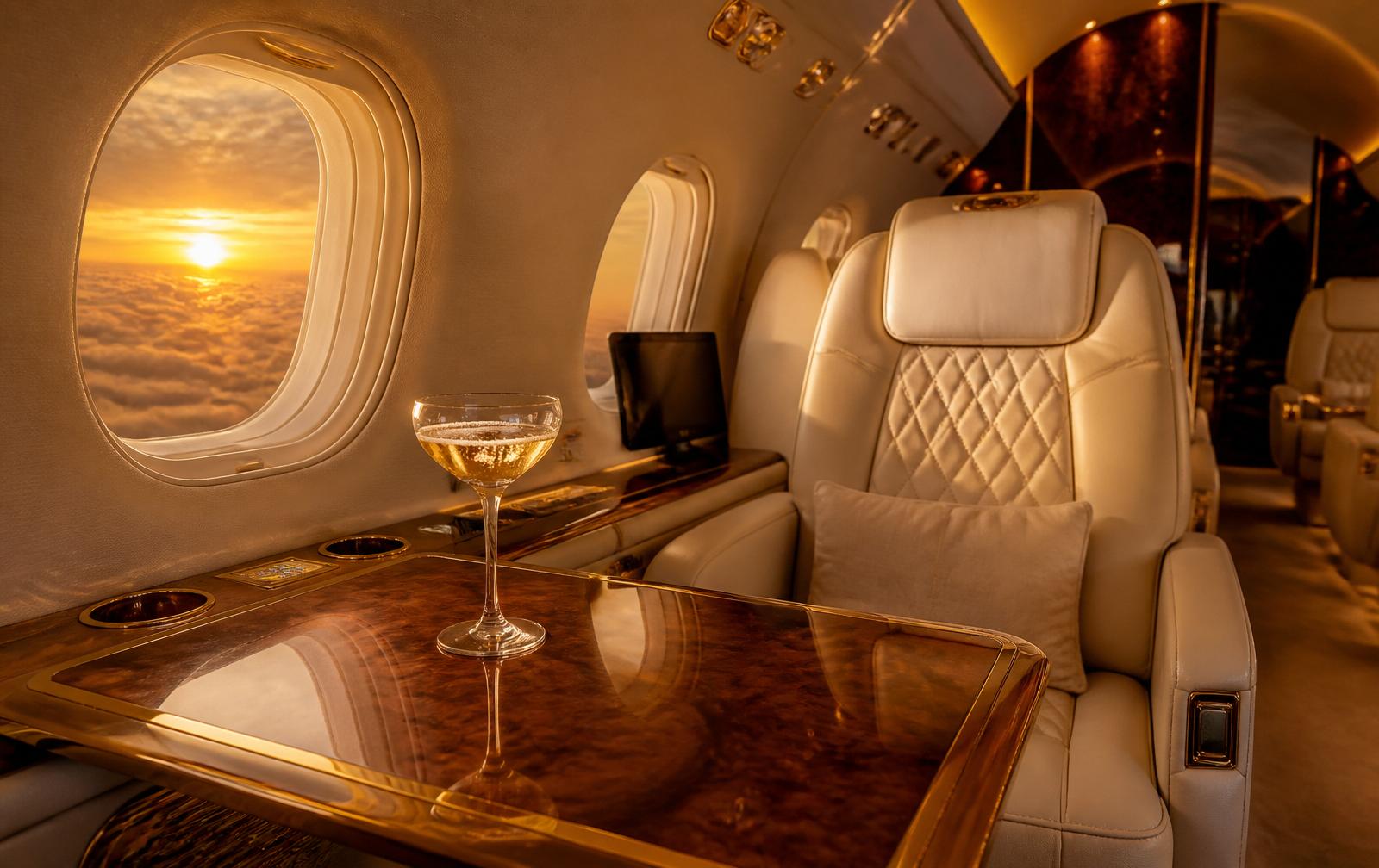 Private jet interior with champagne